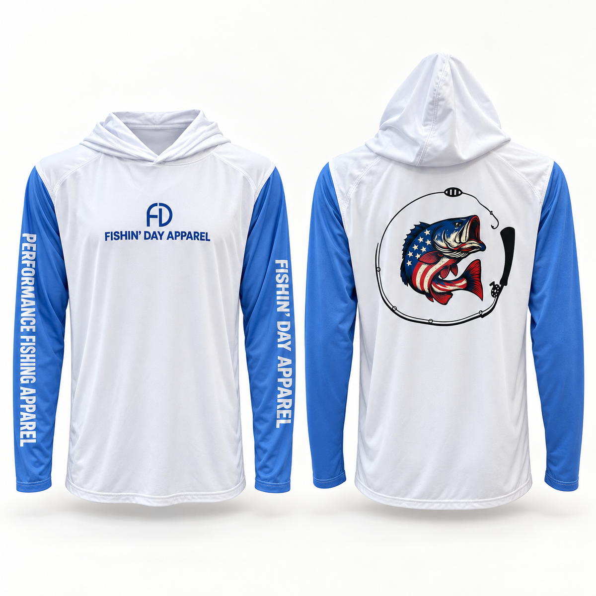 Fishin' Day Apparel Men's American Flag Fish Hooded Long Sleeve Shirt - White / Blue