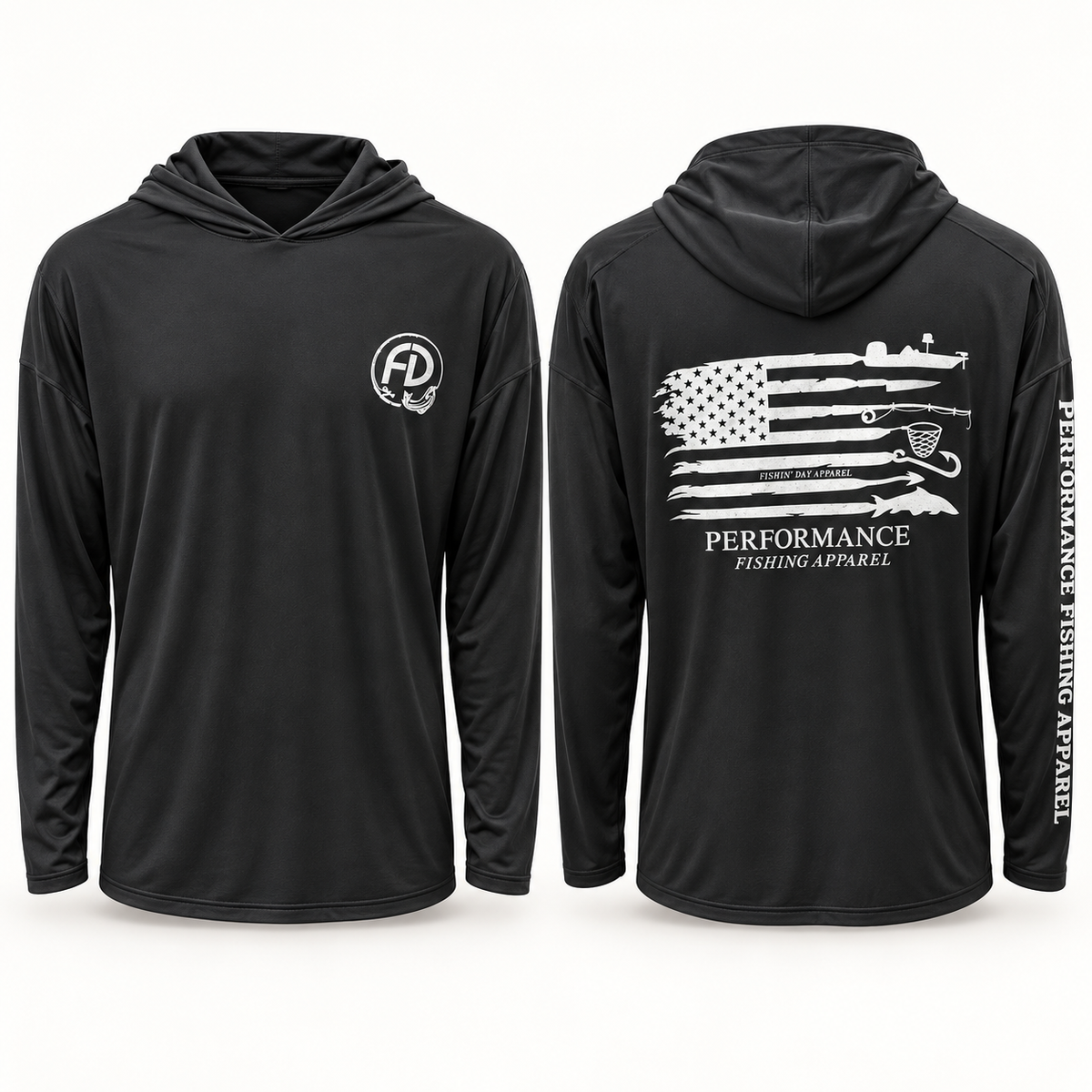 Fishin' Day Apparel Men's Performance Fishing Flag Hooded Long Sleeve Shirt - Black