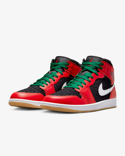 Nike Men's Air Jordan 1 Mid SE Shoes - Black / White / Malachite / Fire Red - Shopsportive